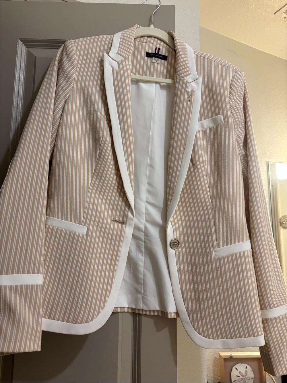 Tommy Hilfiger Beige Pinstripe Blazer with White Trim